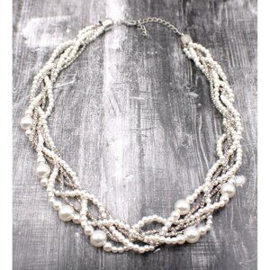 Multi-Strand Faux Pearl and Silver Chain Necklace Lobster Clasp Closure Vintage